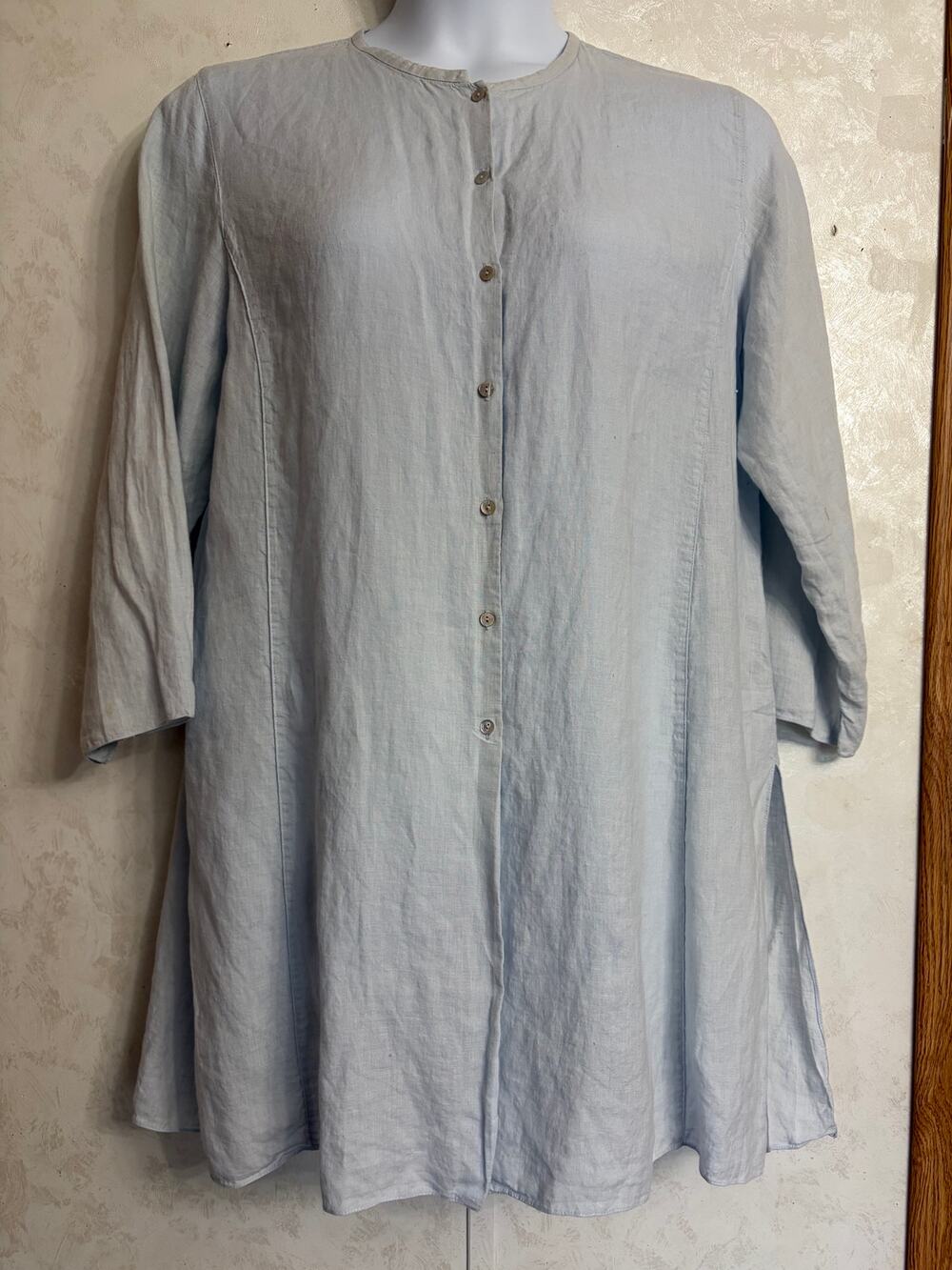 Eileen Fisher Irish Linen Button-Down Tunic Lt Blue Minimalist Lagenlook L-XL